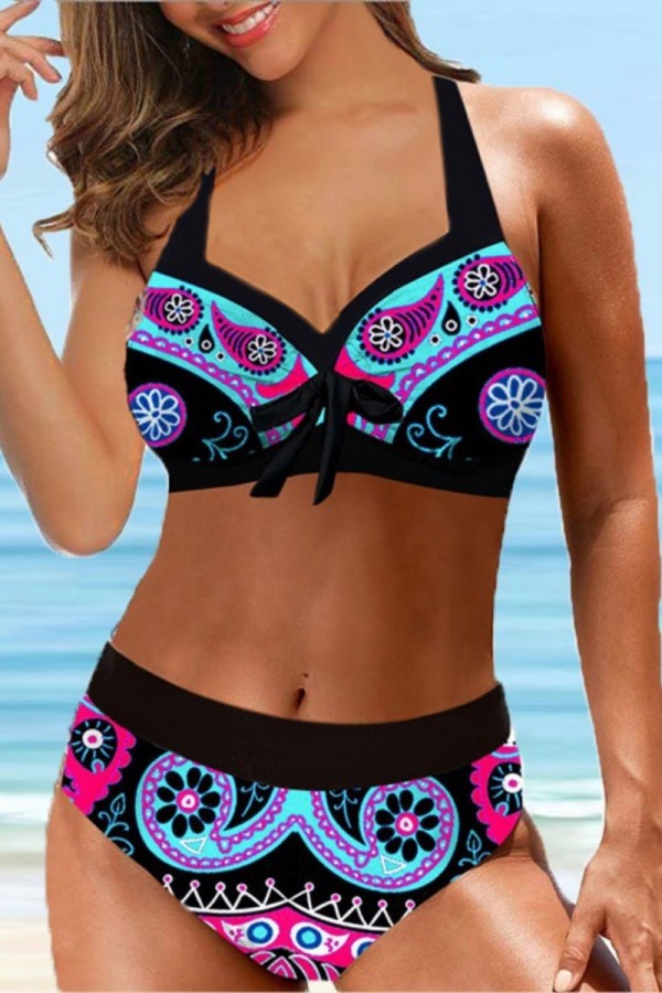 Pink Sexy Print Bandage Backless Swimwears (With Paddings)