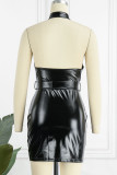 Black Sexy Solid Patchwork Backless Halter One Step Skirt Dresses