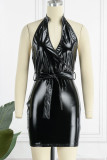 Black Sexy Solid Patchwork Backless Halter One Step Skirt Dresses