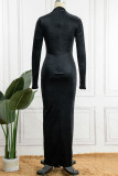 Black Sexy Solid Patchwork Half A Turtleneck One Step Skirt Dresses