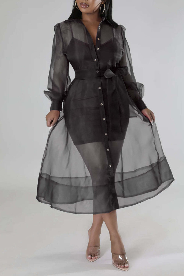 Black Casual Solid Bandage Patchwork Buckle Turndown Collar Long Sleeve Two Pieces