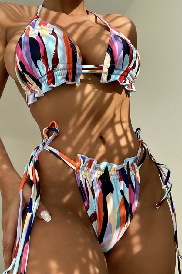 Colour Sexy Print Bandage Backless Swimwears