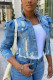 Blue Casual Solid Ripped Make Old Patchwork Buckle Turndown Collar Plus Size Overcoat