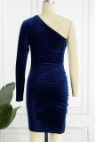 Blue Sexy Solid Patchwork Asymmetrical Oblique Collar Pencil Skirt Dresses