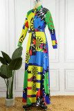 Blue Casual Print Patchwork Turndown Collar Long Sleeve Dresses