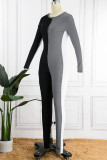 Black Casual Patchwork Contrast O Neck Skinny Jumpsuits
