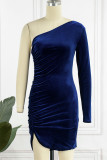 Blue Sexy Solid Patchwork Asymmetrical Oblique Collar Pencil Skirt Dresses