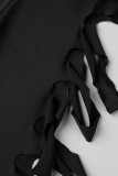 Black Sexy Casual Solid Hollowed Out O Neck Long Sleeve Two Pieces