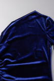 Blue Sexy Solid Patchwork Asymmetrical Oblique Collar Pencil Skirt Dresses