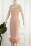 White Sexy Solid Patchwork Feathers Strapless One Step Skirt Dresses