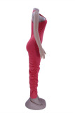 Red Fashion Sexy Solid Fold O Neck Sleeveless Dress