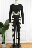 Black Sexy Casual Solid Hollowed Out O Neck Long Sleeve Two Pieces