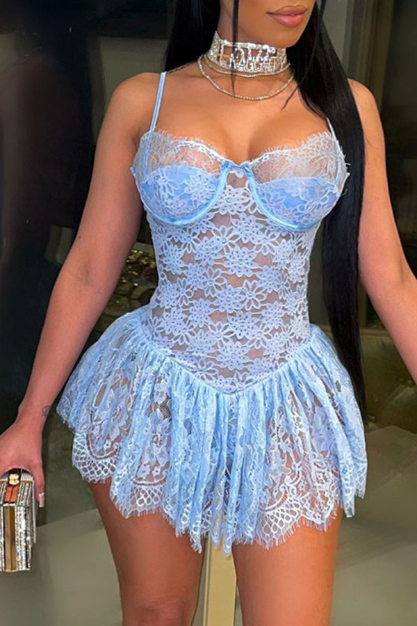 Light Blue Sexy Solid Patchwork See-through Asymmetrical Spaghetti Strap Sling Dress Dresses