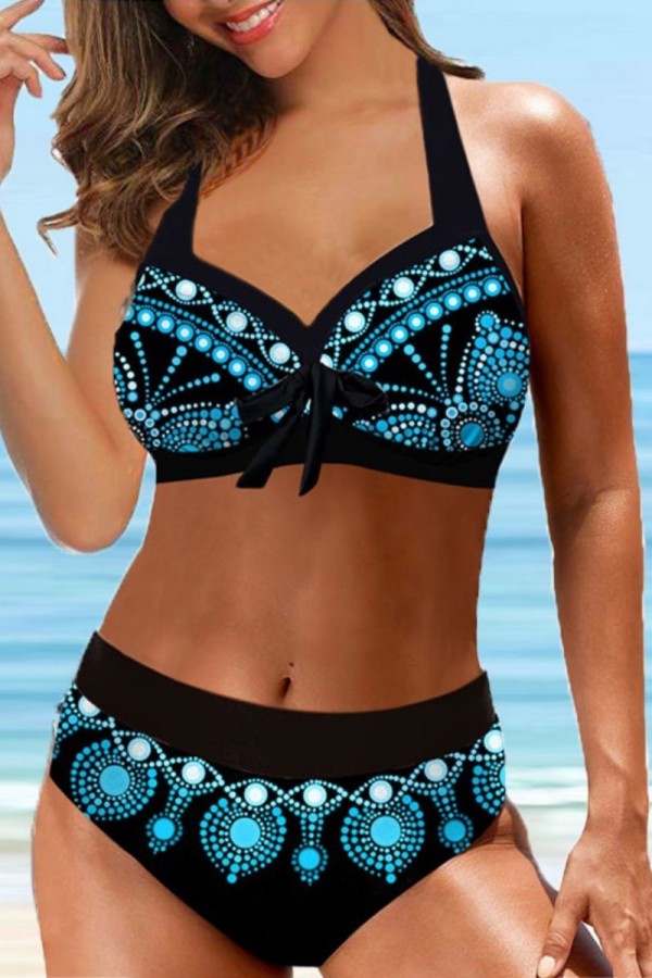 Blue Sexy Print Bandage Backless Swimwears (With Paddings)