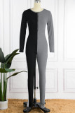 Black Casual Patchwork Contrast O Neck Skinny Jumpsuits