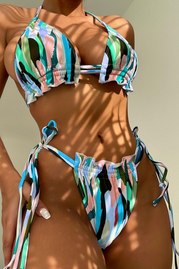 Multicolor Sexy Print Bandage Backless Swimwears