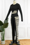 Black Sexy Casual Solid Hollowed Out O Neck Long Sleeve Two Pieces