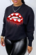 Black Street Lips Printed Patchwork O Neck Tops