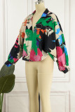 Green Casual Print Patchwork V Neck Tops