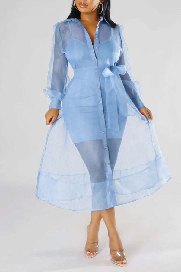 Blue Casual Solid Bandage Patchwork Buckle Turndown Collar Long Sleeve Two Pieces