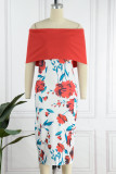 Red Casual Print Solid Patchwork Off the Shoulder One Step Skirt Dresses