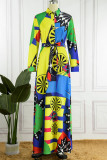 Blue Casual Print Patchwork Turndown Collar Long Sleeve Dresses