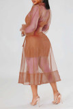 Pink Casual Solid Bandage Patchwork Buckle Turndown Collar Long Sleeve Two Pieces