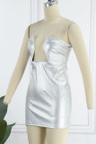 Silver Sexy Solid Patchwork Asymmetrical Asymmetrical Collar Pencil Skirt Dresses