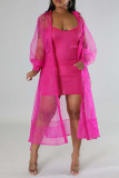 Pink Casual Solid Bandage Patchwork Buckle Turndown Collar Long Sleeve Two Pieces