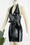 Black Sexy Solid Patchwork Backless Halter One Step Skirt Dresses