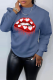 Blue Street Lips Printed Patchwork O Neck Tops
