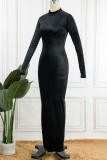 Black Sexy Solid Patchwork Half A Turtleneck One Step Skirt Dresses