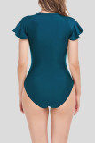 Peacock Blue Casual Solid Patchwork Zipper Swimwears