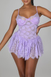 Light Purple Sexy Solid Patchwork See-through Asymmetrical Spaghetti Strap Sling Dress Dresses