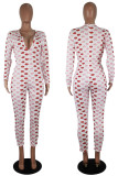 Red Casual Print Patchwork Buttons V Neck Plus Size Jumpsuits