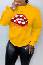Yellow Street Lips Printed Patchwork O Neck Tops
