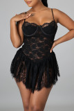 Black Sexy Solid Patchwork See-through Asymmetrical Spaghetti Strap Sling Dress Dresses
