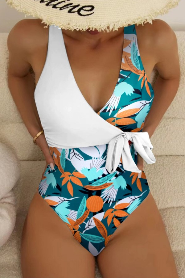 White Sexy Print Bandage Patchwork Backless Swimwears (With Paddings)