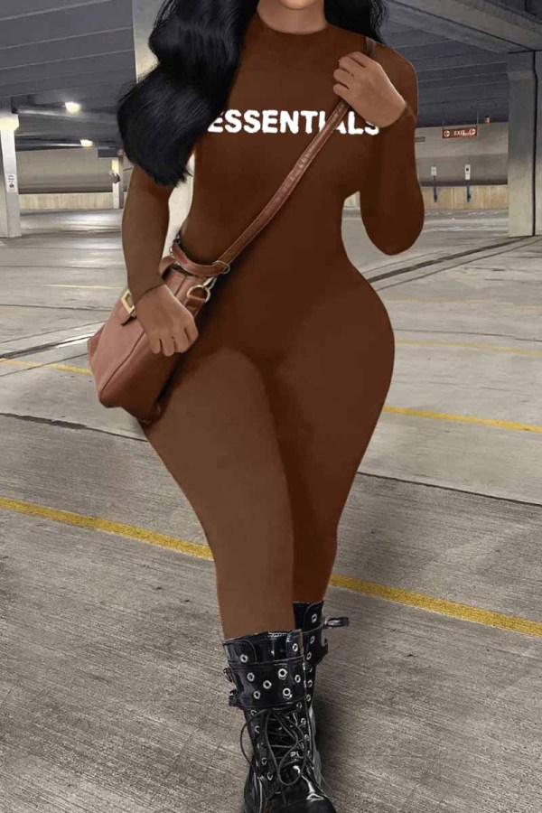 Brown Street Print Letter O Neck Jumpsuits