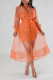 Tangerine Red Casual Solid Bandage Patchwork Buckle Turndown Collar Long Sleeve Two Pieces