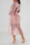 Pink Casual Solid Bandage Patchwork Buckle Turndown Collar Long Sleeve Two Pieces