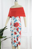 Red Casual Print Solid Patchwork Off the Shoulder One Step Skirt Dresses