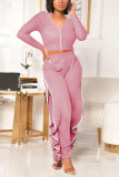 Pink Casual Sportswear Patchwork Zipper Collar Long Sleeve Two Pieces