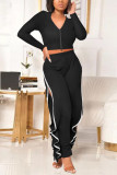Black Casual Sportswear Patchwork Zipper Collar Long Sleeve Two Pieces