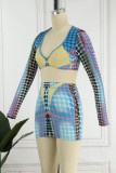 Blue Sexy Print Patchwork V Neck Long Sleeve Two Pieces