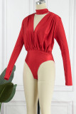 Red Sexy Solid Hollowed Out Patchwork Fold Half A Turtleneck Regular Bodysuits