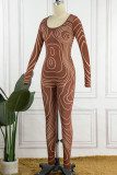 Brown Sexy Print Patchwork O Neck Skinny Jumpsuits