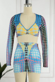 Blue Sexy Print Patchwork V Neck Long Sleeve Two Pieces
