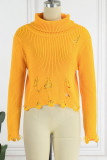 Yellow Casual Solid Tassel Patchwork Asymmetrical Turtleneck Tops