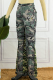 Green Casual Print Camouflage Print Patchwork High Waist Straight Patchwork Bottoms